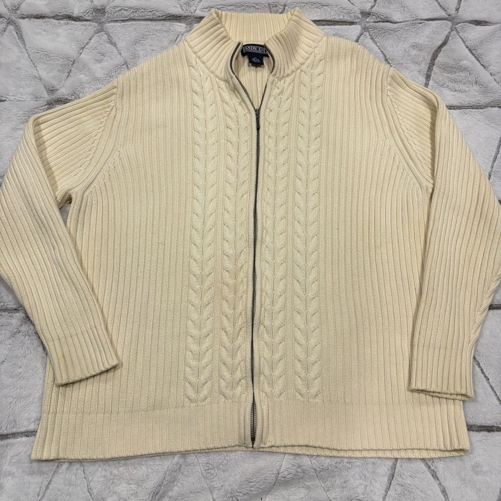 Lands' End Women Sweater XL Cream Cable Knit Cardigan Full Zip Cotton 90s